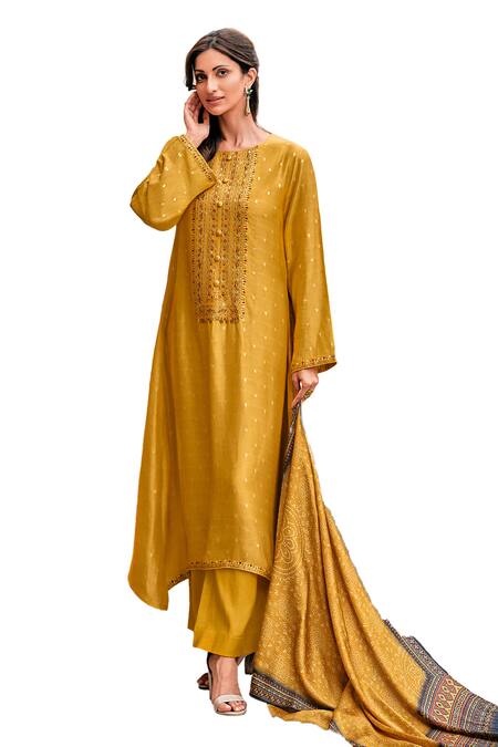 Label Varsha_Yellow Viscose Embroidery Round Neck Floral And Thread Kurta Pant Set_at_Aza_Fashions