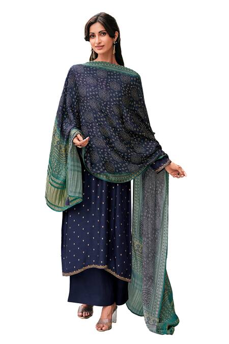 Label Varsha_Blue Viscose Embroidery Round Neck Floral And Thread Work Kurta Pant Set_at_Aza_Fashions