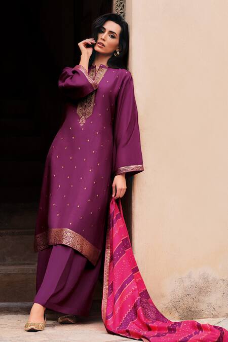 Shop Label Varsha Purple Viscose, Silk Zari, Embroidery Bandeau Neck Floral And Kurta Pant Set at Aza Fashions Shop_Label Varsha_Purple Viscose, Silk Zari, Embroidery Bandeau Neck Floral And Kurta Pant Set_at_Aza_Fashions
