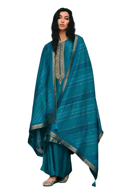 Shop Label Varsha Blue Viscose, Silk Embroidery, Zari Bandeau Neck Floral And Work Kurta Pant Set Online at Aza Fashions Shop_Label Varsha_Blue Viscose, Silk Embroidery, Zari Bandeau Neck Floral And Work Kurta Pant Set_Online_at_Aza_Fashions