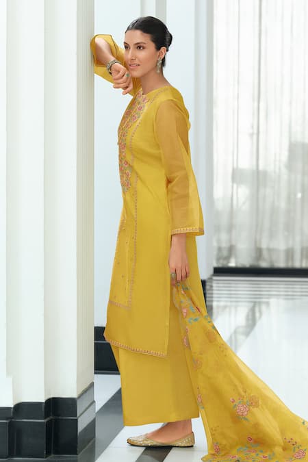 Shop Label Varsha Yellow Viscose Embroidery Round Neck Kurta Set at Aza Fashions Shop_Label Varsha_Yellow Viscose Embroidery Round Neck Kurta Set_at_Aza_Fashions