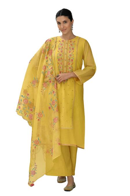 Label Varsha Yellow Viscose Embroidery Round Neck Kurta Set Online at Aza Fashions Label Varsha_Yellow Viscose Embroidery Round Neck Kurta Set_Online_at_Aza_Fashions