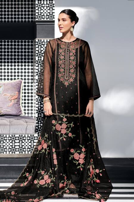 Shop Label Varsha Black Viscose Embroidery Round Neck Floral Kurta Set at Aza Fashions Shop_Label Varsha_Black Viscose Embroidery Round Neck Floral Kurta Set_at_Aza_Fashions