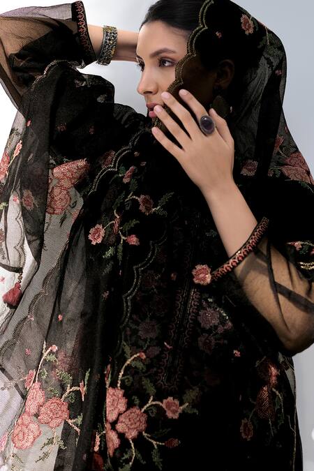 Shop Label Varsha Black Viscose Embroidery Round Neck Floral Kurta Set Online at Aza Fashions Shop_Label Varsha_Black Viscose Embroidery Round Neck Floral Kurta Set_Online_at_Aza_Fashions