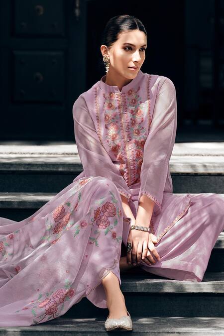 Shop Label Varsha Purple Viscose Embroidery Collared Thread Round Neck Kurta Set at Aza Fashions Shop_Label Varsha_Purple Viscose Embroidery Collared Thread Round Neck Kurta Set_at_Aza_Fashions