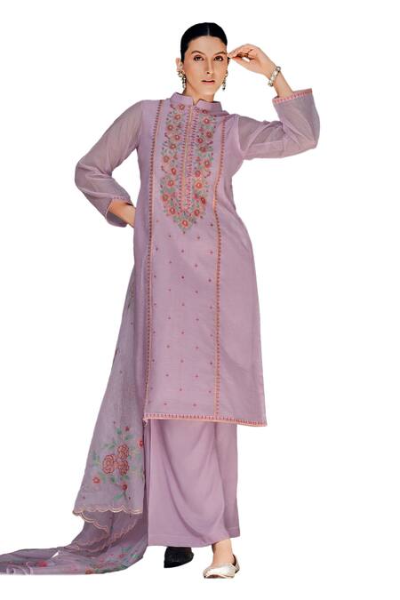 Label Varsha Purple Viscose Embroidery Collared Thread Round Neck Kurta Set Online at Aza Fashions Label Varsha_Purple Viscose Embroidery Collared Thread Round Neck Kurta Set_Online_at_Aza_Fashions
