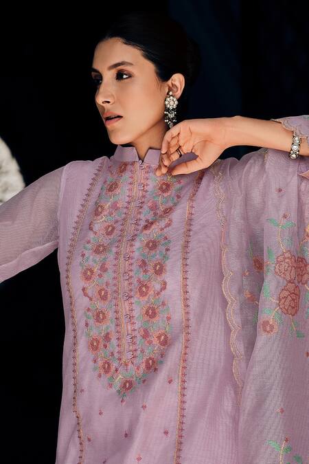 Shop Label Varsha Purple Viscose Embroidery Collared Thread Round Neck Kurta Set Online at Aza Fashions Shop_Label Varsha_Purple Viscose Embroidery Collared Thread Round Neck Kurta Set_Online_at_Aza_Fashions
