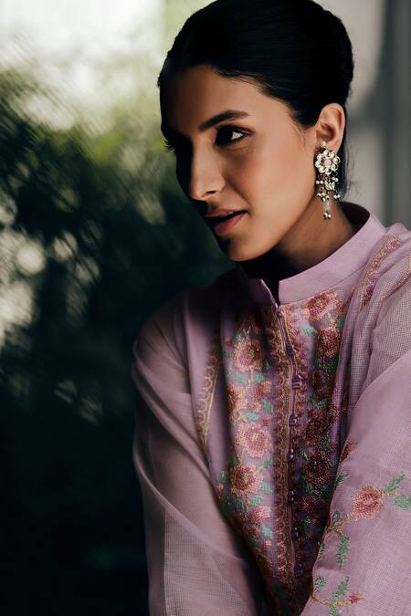 Label Varsha Purple Viscose Embroidery Collared Thread Round Neck Kurta Set at Aza Fashions Label Varsha_Purple Viscose Embroidery Collared Thread Round Neck Kurta Set_at_Aza_Fashions