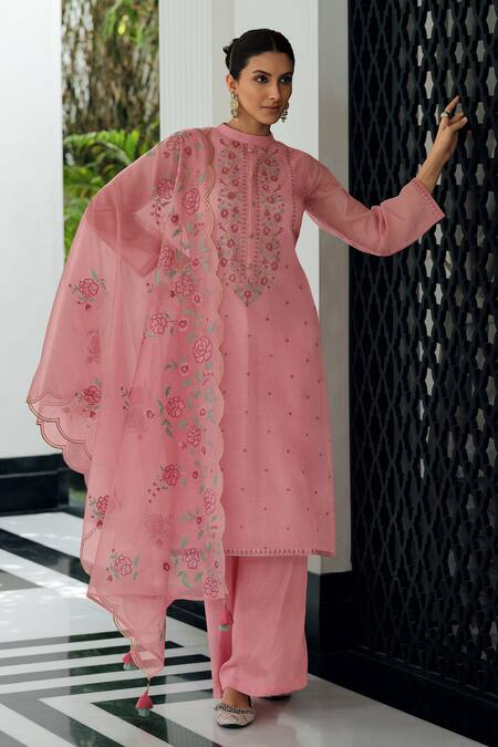 Shop Label Varsha Pink Viscose Embroidery Bandeau Neck Floral Work Round Kurta Set at Aza Fashions Shop_Label Varsha_Pink Viscose Embroidery Bandeau Neck Floral Work Round Kurta Set_at_Aza_Fashions