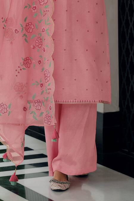 Label Varsha Pink Viscose Embroidery Bandeau Neck Floral Work Round Kurta Set Online at Aza Fashions Label Varsha_Pink Viscose Embroidery Bandeau Neck Floral Work Round Kurta Set_Online_at_Aza_Fashions