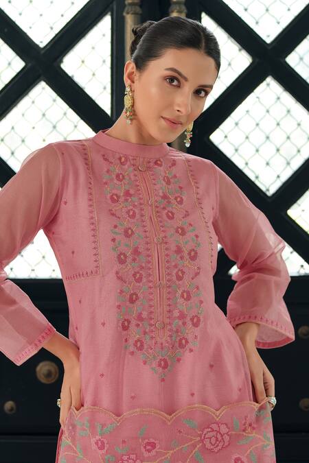 Buy Label Varsha Pink Viscose Embroidery Bandeau Neck Floral Work Round Kurta Set Online at Aza Fashions Buy_Label Varsha_Pink Viscose Embroidery Bandeau Neck Floral Work Round Kurta Set_Online_at_Aza_Fashions