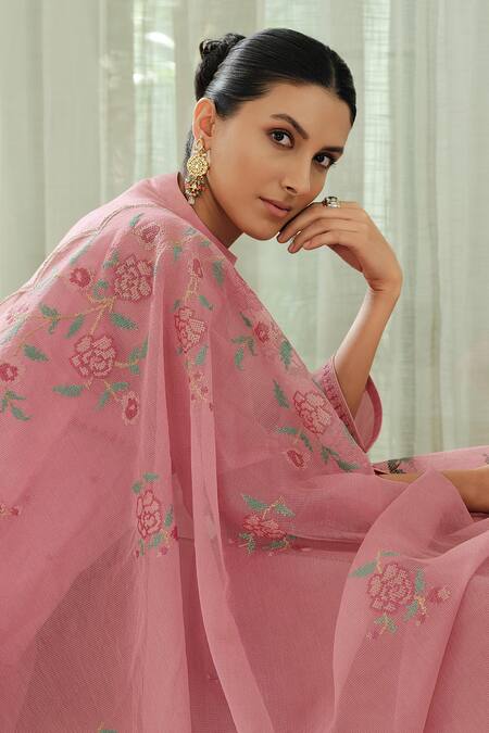 Shop Label Varsha Pink Viscose Embroidery Bandeau Neck Floral Work Round Kurta Set Online at Aza Fashions Shop_Label Varsha_Pink Viscose Embroidery Bandeau Neck Floral Work Round Kurta Set_Online_at_Aza_Fashions