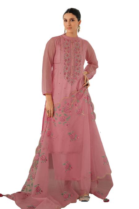Buy Label Varsha Pink Viscose Embroidery Bandeau Neck Floral Work Round Kurta Set Buy_Label Varsha_Pink Viscose Embroidery Bandeau Neck Floral Work Round Kurta Set