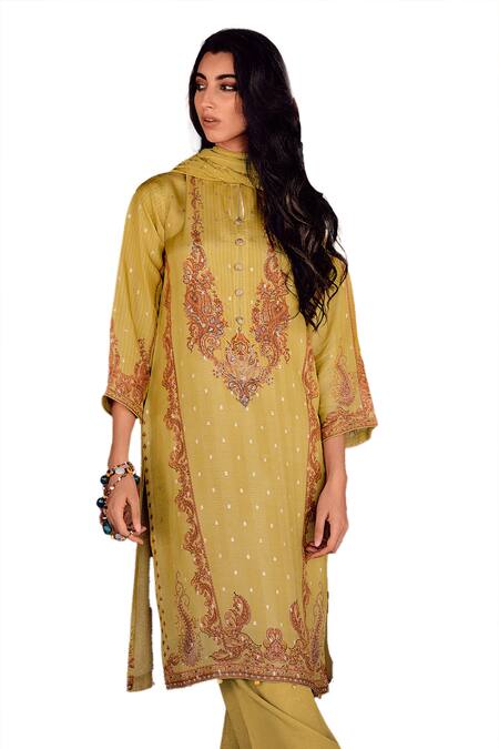 Label Varsha_Green Viscose, Silk Embroidery Bandeau Neck Floral Print Kurta Pant Set _Online_at_Aza_Fashions