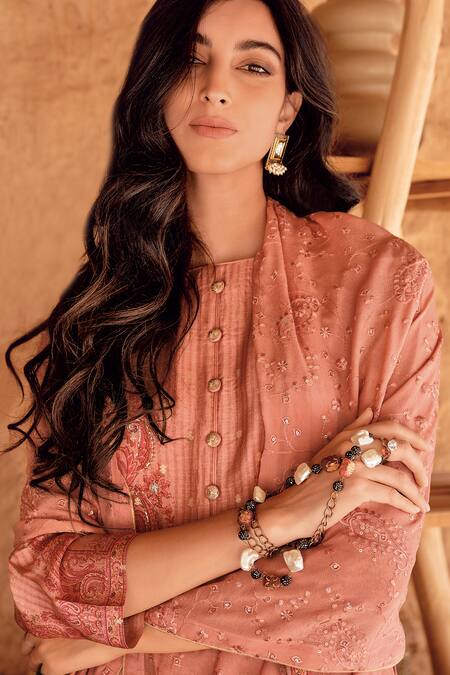 Shop Label Varsha Coral Viscose, Silk Embroidery Round Neck Printed And Kurta Pant Set at Aza Fashions Shop_Label Varsha_Coral Viscose, Silk Embroidery Round Neck Printed And Kurta Pant Set_at_Aza_Fashions