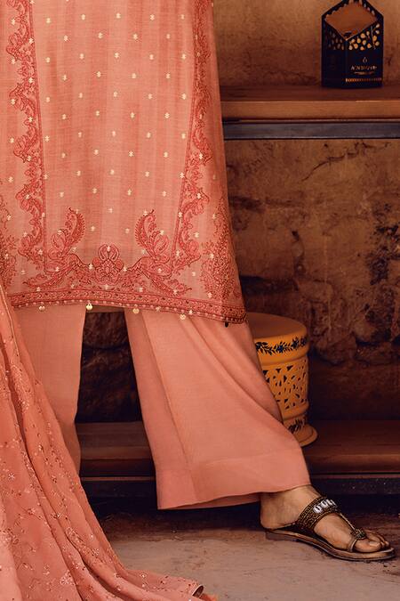 Buy Label Varsha Coral Viscose, Silk Embroidery Round Neck Printed And Kurta Pant Set Online at Aza Fashions Buy_Label Varsha_Coral Viscose, Silk Embroidery Round Neck Printed And Kurta Pant Set_Online_at_Aza_Fashions