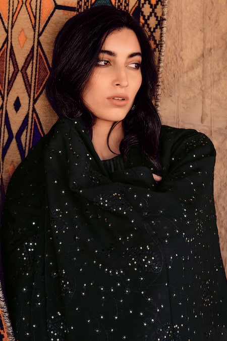 Label Varsha_Black Kurta Viscose Woven Dola Silk Printed Floral Round Pant Set _Online_at_Aza_Fashions