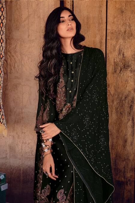 Shop_Label Varsha_Black Kurta Viscose Woven Dola Silk Printed Floral Round Pant Set _at_Aza_Fashions