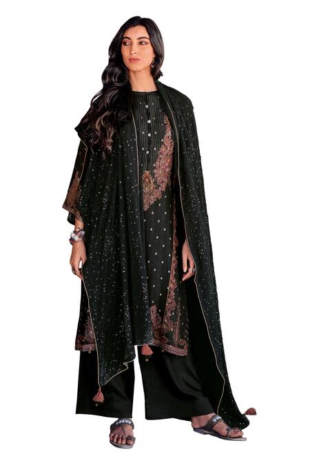 Buy_Label Varsha_Black Kurta Viscose Woven Dola Silk Printed Floral Round Pant Set _Online_at_Aza_Fashions