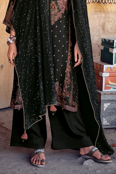 Shop_Label Varsha_Black Kurta Viscose Woven Dola Silk Printed Floral Round Pant Set _Online_at_Aza_Fashions