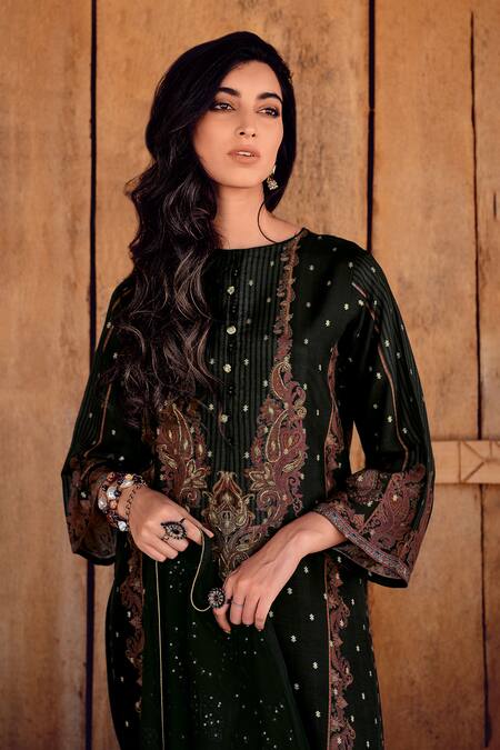 Label Varsha_Black Kurta Viscose Woven Dola Silk Printed Floral Round Pant Set _at_Aza_Fashions