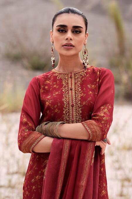 Shop Label Varsha Red Viscose, Organza Embroidery, Sequins Round Floral Pattern Kurta Pant Set at Aza Fashions Shop_Label Varsha_Red Viscose, Organza Embroidery, Sequins Round Floral Pattern Kurta Pant Set_at_Aza_Fashions