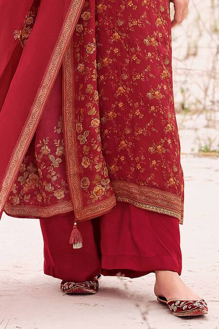 Buy Label Varsha Red Viscose, Organza Embroidery, Sequins Round Floral Pattern Kurta Pant Set Online at Aza Fashions Buy_Label Varsha_Red Viscose, Organza Embroidery, Sequins Round Floral Pattern Kurta Pant Set_Online_at_Aza_Fashions