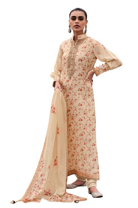Label Varsha_Ivory Viscose, Organza, Satin Embroidery, Sequins And Printed Kurta Pant Set_Online_at_Aza_Fashions