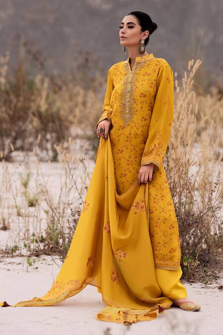 Shop_Label Varsha_Yellow Kurta And Dupatta Viscose Organza Printed Floral Band Collar Pant Set _at_Aza_Fashions