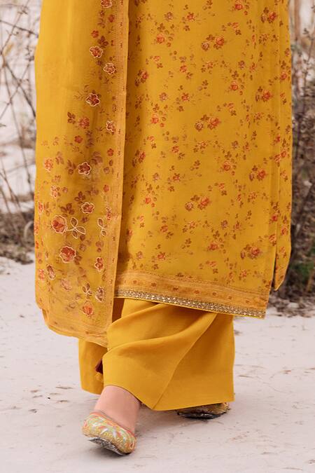 Shop_Label Varsha_Yellow Kurta And Dupatta Viscose Organza Printed Floral Band Collar Pant Set _Online_at_Aza_Fashions