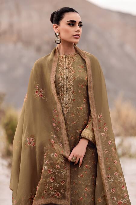 Shop Label Varsha Green Viscose, Organza, Satin Embroidery, Sequins Printed And Hand Kurta Pant Set at Aza Fashions Shop_Label Varsha_Green Viscose, Organza, Satin Embroidery, Sequins Printed And Hand Kurta Pant Set_at_Aza_Fashions