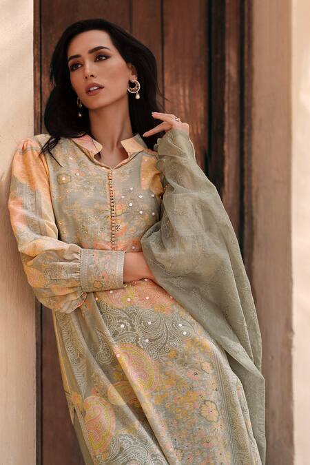 Label Varsha_Grey Kurta Cotton Linen Printed Floral Band Collar Set _Online_at_Aza_Fashions
