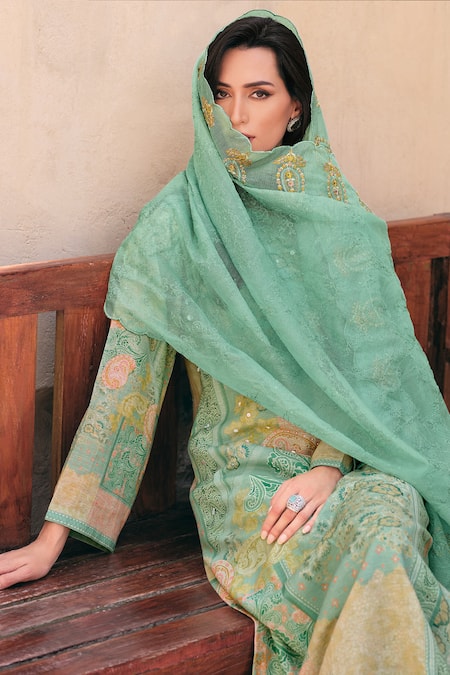 Shop_Label Varsha_Green Kurta Cotton Linen Printed Floral Round Pattern Set _at_Aza_Fashions