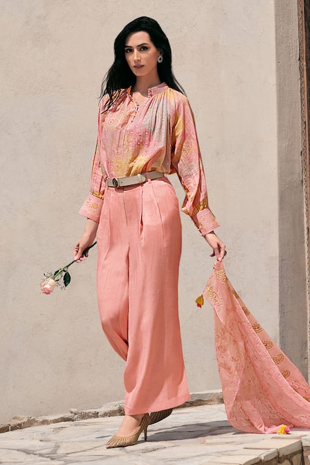 Shop_Label Varsha_Pink Tunic Cotton Linen Printed Floral Band Collar Pattern Set _at_Aza_Fashions