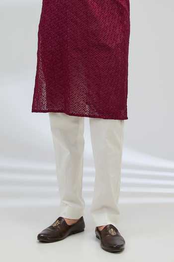 Rabani & Rakha_Maroon Georgette, Cotton, Silk Sequins, Embroidery Kurta And Ivory Pant Set _Online_at_Aza_Fashions
