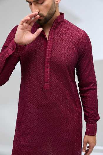 Buy_Rabani & Rakha_Maroon Georgette, Cotton, Silk Sequins, Embroidery Kurta And Ivory Pant Set _Online_at_Aza_Fashions