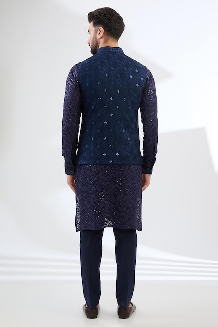 Shop Rabani & Rakha Blue Georgette, Cotton Satin, Cotton, Silk Sequins, Bundi Jacket And Kurta Set at Aza Fashions Shop_Rabani & Rakha_Blue Georgette, Cotton Satin, Cotton, Silk Sequins, Bundi Jacket And Kurta Set _at_Aza_Fashions