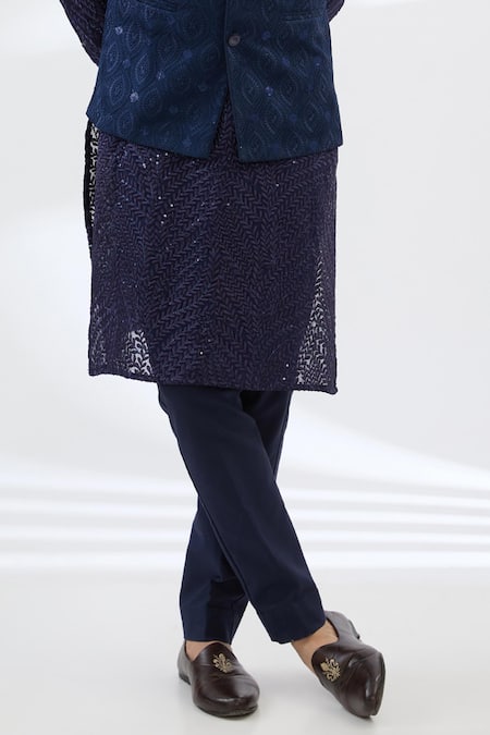 Rabani & Rakha Blue Georgette, Cotton Satin, Cotton, Silk Sequins, Bundi Jacket And Kurta Set Online at Aza Fashions Rabani & Rakha_Blue Georgette, Cotton Satin, Cotton, Silk Sequins, Bundi Jacket And Kurta Set _Online_at_Aza_Fashions