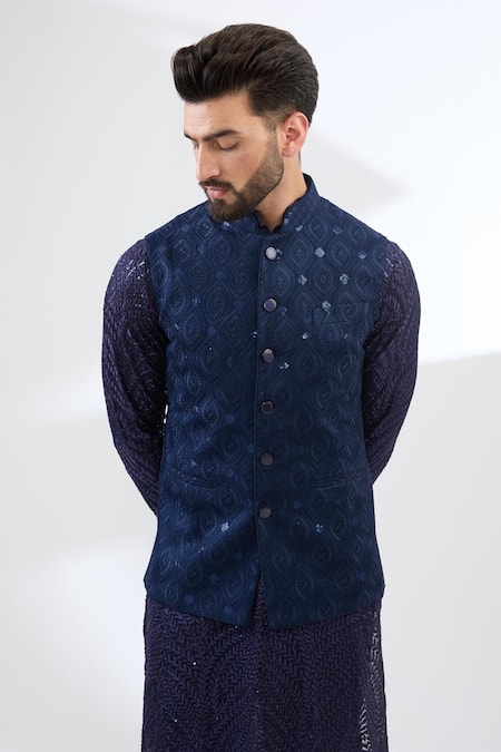 Buy Rabani & Rakha Blue Georgette, Cotton Satin, Cotton, Silk Sequins, Bundi Jacket And Kurta Set Online at Aza Fashions Buy_Rabani & Rakha_Blue Georgette, Cotton Satin, Cotton, Silk Sequins, Bundi Jacket And Kurta Set _Online_at_Aza_Fashions