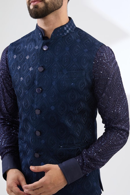 Shop Rabani & Rakha Blue Georgette, Cotton Satin, Cotton, Silk Sequins, Bundi Jacket And Kurta Set Online at Aza Fashions Shop_Rabani & Rakha_Blue Georgette, Cotton Satin, Cotton, Silk Sequins, Bundi Jacket And Kurta Set _Online_at_Aza_Fashions