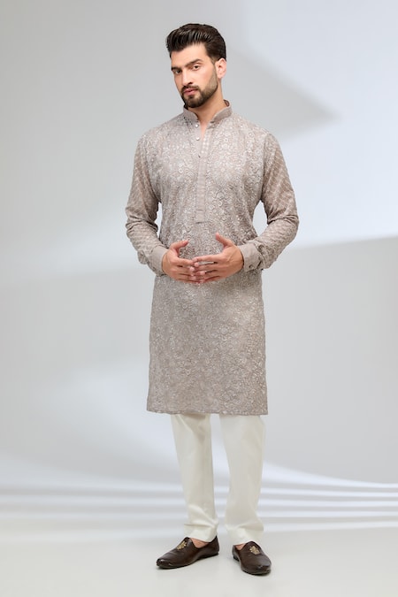 Rabani & Rakha Thread Embroidered Kurta & Ivory Pant Set 