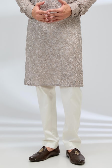 Rabani & Rakha Grey Georgette, Cotton Satin, Cotton, Silk Thread Kurta And Ivory Pant Set Online at Aza Fashions Rabani & Rakha_Grey Georgette, Cotton Satin, Cotton, Silk Thread Kurta And Ivory Pant Set _Online_at_Aza_Fashions