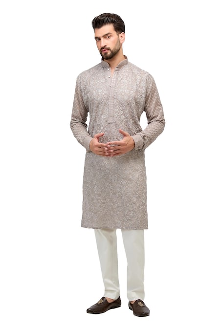 Buy Rabani & Rakha Grey Georgette, Cotton Satin, Cotton, Silk Thread Kurta And Ivory Pant Set Online at Aza Fashions Buy_Rabani & Rakha_Grey Georgette, Cotton Satin, Cotton, Silk Thread Kurta And Ivory Pant Set _Online_at_Aza_Fashions