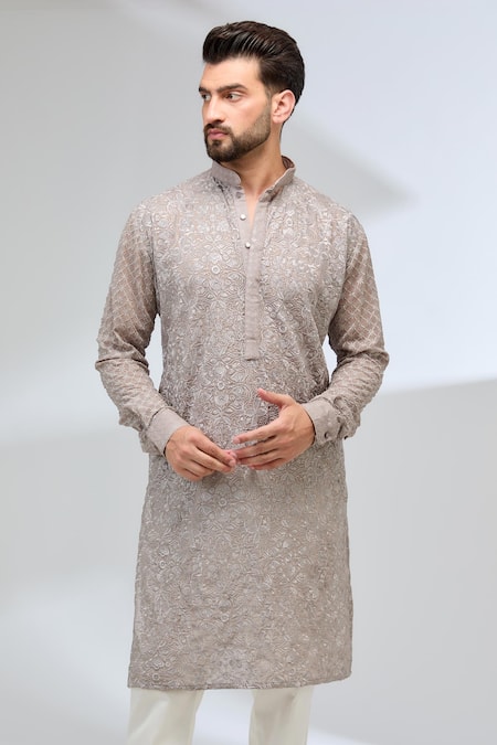 Rabani & Rakha Grey Georgette, Cotton Satin, Cotton, Silk Thread Kurta And Ivory Pant Set at Aza Fashions Rabani & Rakha_Grey Georgette, Cotton Satin, Cotton, Silk Thread Kurta And Ivory Pant Set _at_Aza_Fashions