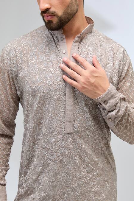 Buy Rabani & Rakha Grey Georgette, Cotton Satin, Cotton, Silk Thread Kurta And Ivory Pant Set Buy_Rabani & Rakha_Grey Georgette, Cotton Satin, Cotton, Silk Thread Kurta And Ivory Pant Set