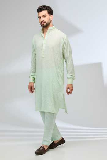Buy Rabani & Rakha Green Georgette, Cotton Satin, Embroidered Mandarin Collared Kurta And Pant Set at Aza Fashions Buy_Rabani & Rakha_Green Georgette, Cotton Satin, Embroidered Mandarin Collared Kurta And Pant Set _at_Aza_Fashions