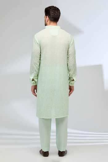 Shop Rabani & Rakha Green Georgette, Cotton Satin, Embroidered Mandarin Collared Kurta And Pant Set at Aza Fashions Shop_Rabani & Rakha_Green Georgette, Cotton Satin, Embroidered Mandarin Collared Kurta And Pant Set _at_Aza_Fashions