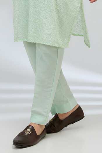 Rabani & Rakha Green Georgette, Cotton Satin, Embroidered Mandarin Collared Kurta And Pant Set Online at Aza Fashions Rabani & Rakha_Green Georgette, Cotton Satin, Embroidered Mandarin Collared Kurta And Pant Set _Online_at_Aza_Fashions