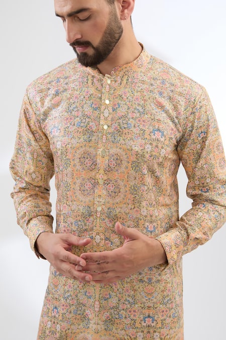 Buy_Rabani & Rakha_Yellow Georgette, Crepe, Cotton, Silk Floral Pattern Kurta And Pant Set _Online_at_Aza_Fashions