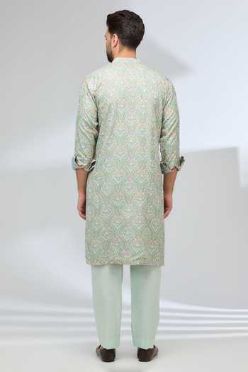 Shop Rabani & Rakha Green Silk, Cotton Beads Printed And Embroidered Kurta Set at Aza Fashions Shop_Rabani & Rakha_Green Silk, Cotton Beads Printed And Embroidered Kurta Set _at_Aza_Fashions